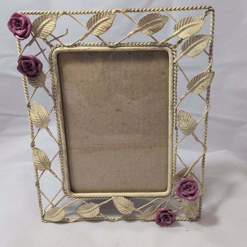 Vintage Shabby Chic Cream Metal Wire Picture Frame Pink Roses Leaf Lattice 5x7